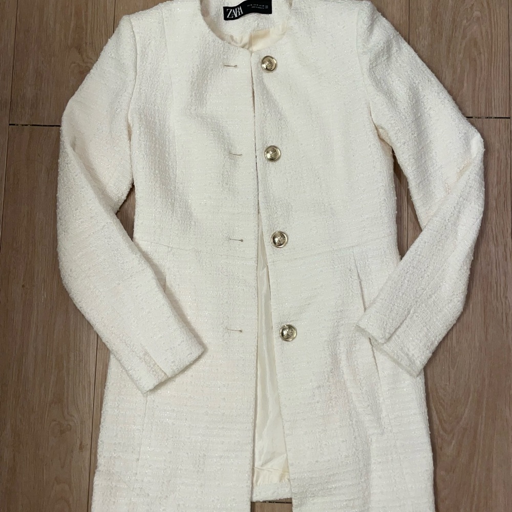 RARE - Zara Ivory/Cream Tweed Coat with Gold Buttons